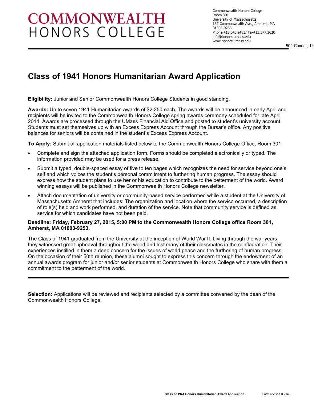 Class of 1941 Honors Humanitarian Award Application