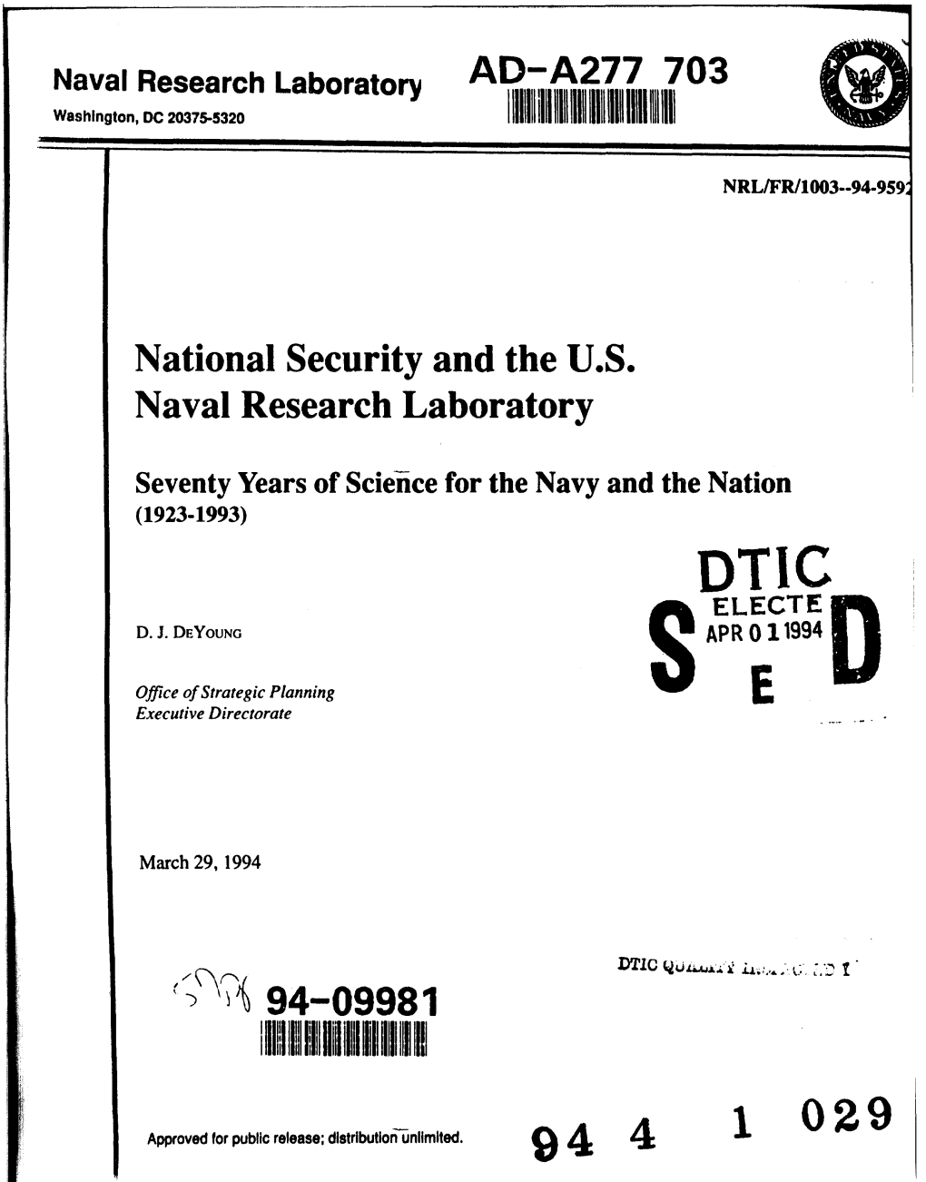 National Security and the U.S. Naval Research Laboratory, Seventy Years of Scince for the Navy and the Nation (1923-1993)