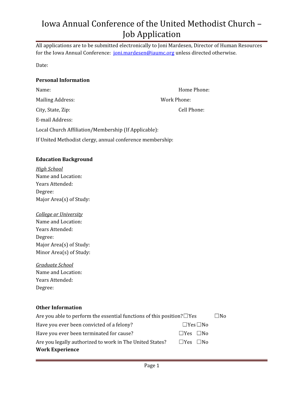 Iowa Annual Conference of the United Methodist Church Job Application