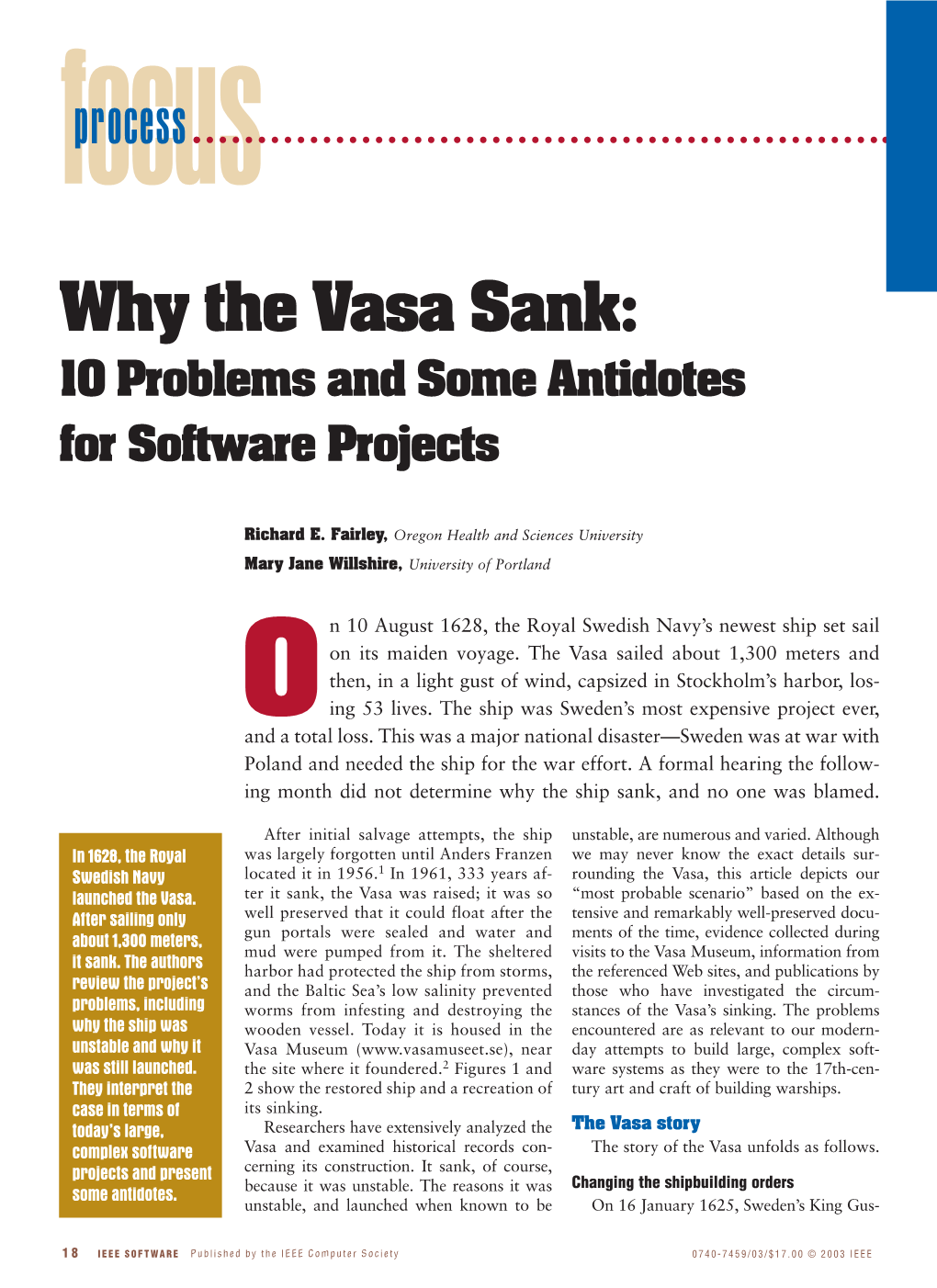 Why the Vasa Sank: 10 Problems and Some Antidotes for Software Projects