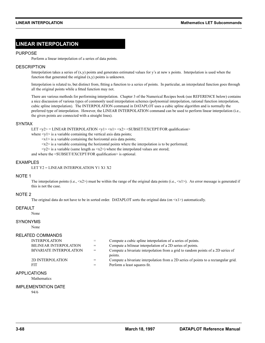 LINEAR INTERPOLATION Mathematics LET Subcommands