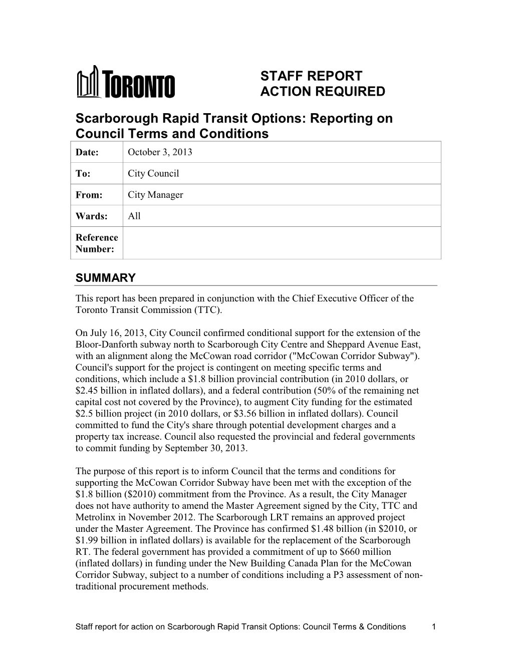 STAFF REPORT ACTION REQUIRED Scarborough Rapid Transit Options