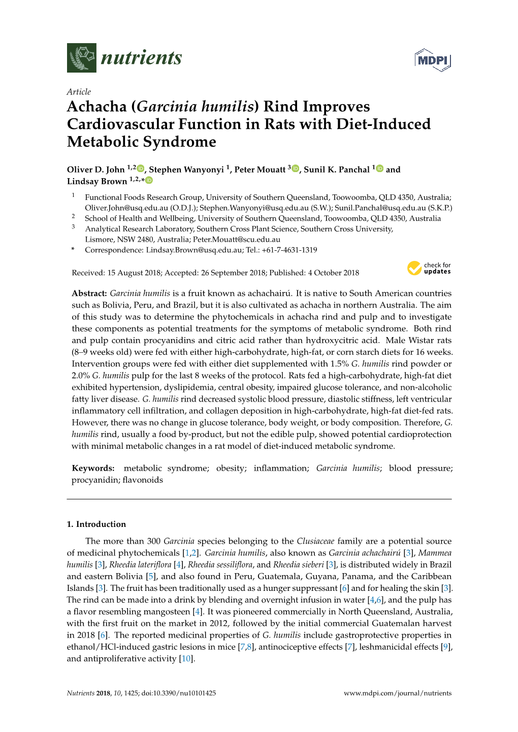 Achacha (Garcinia Humilis) Rind Improves Cardiovascular Function in Rats with Diet-Induced Metabolic Syndrome