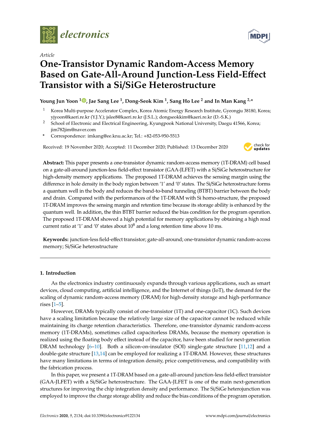 One-Transistor Dynamic Random-Access Memory Based on Gate-All-Around Junction-Less Field-Eﬀect Transistor with a Si/Sige Heterostructure