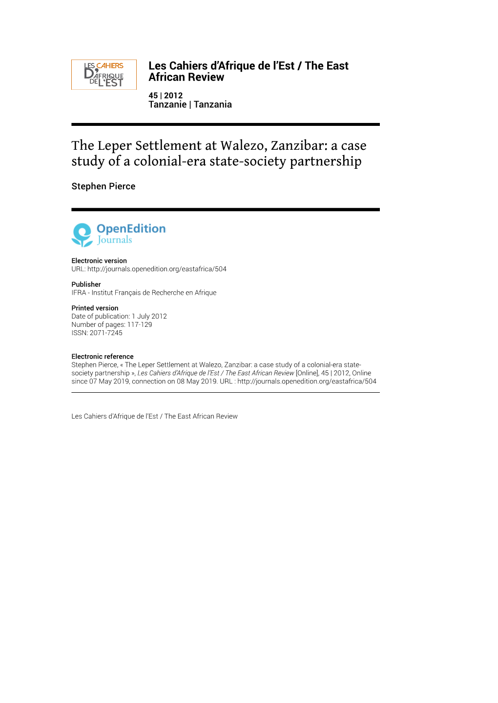 The Leper Settlement at Walezo, Zanzibar: a Case Study of a Colonial-Era State-Society Partnership