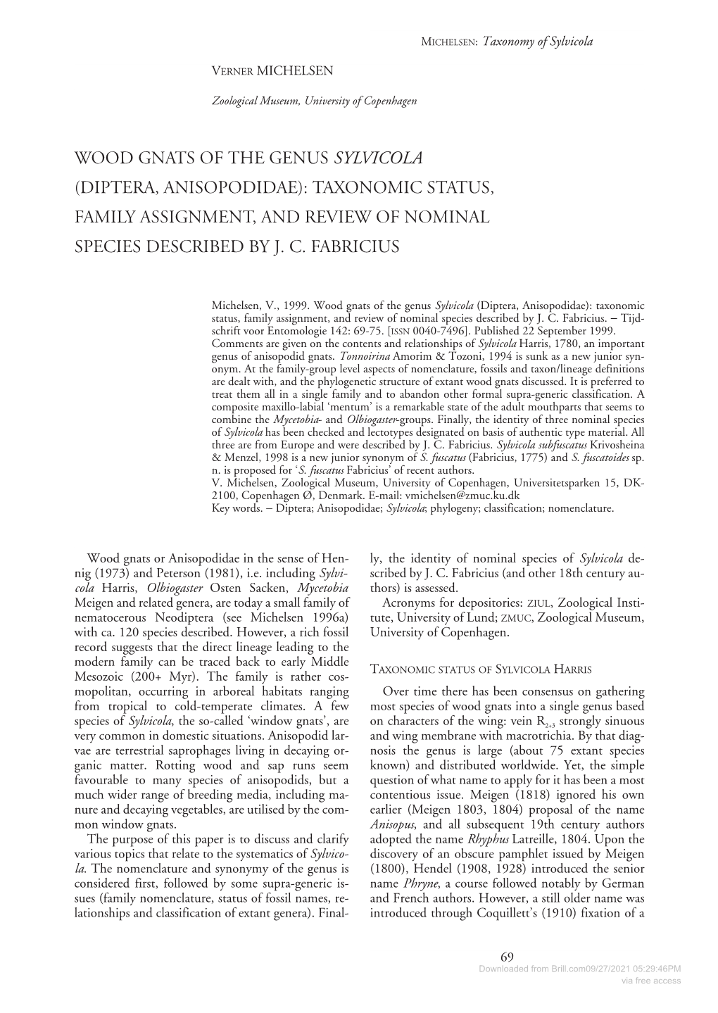 Wood Gnats of the Genus Sylvicola (Diptera, Anisopodidae): Taxonomic Status, Family Assignment, and Review of Nominal Species Described by J