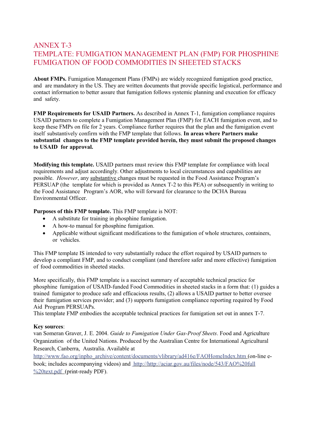 Template: Fumigation Management Plan (Fmp) for Phosphine Fumigation of Food Commodities