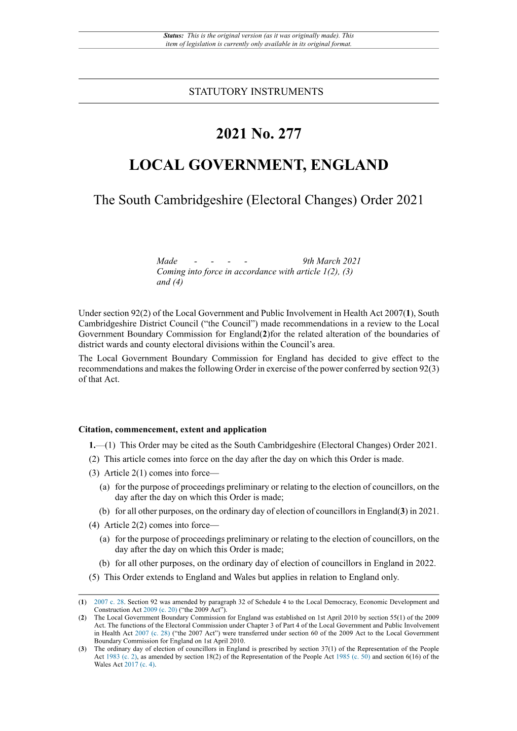 The South Cambridgeshire (Electoral Changes) Order 2021