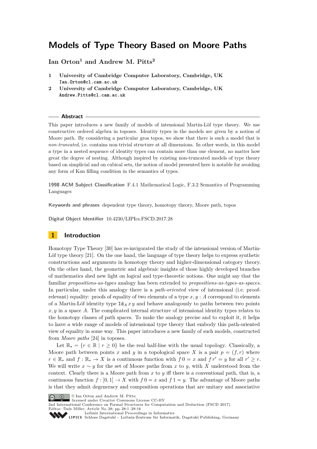 Models of Type Theory Based on Moore Paths