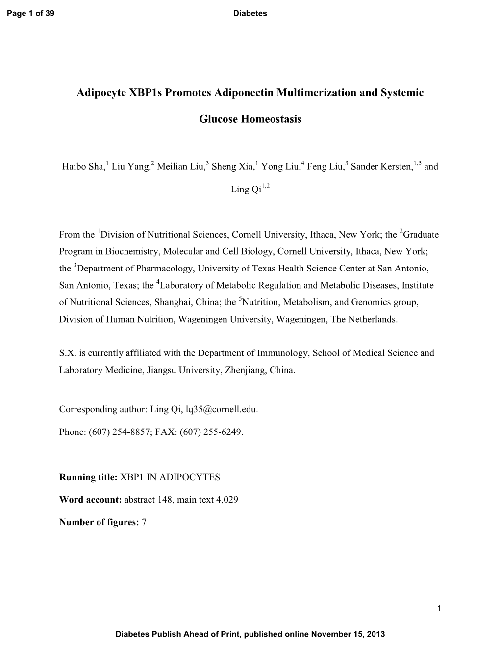 Adipocyte Xbp1s Promotes Adiponectin Multimerization and Systemic