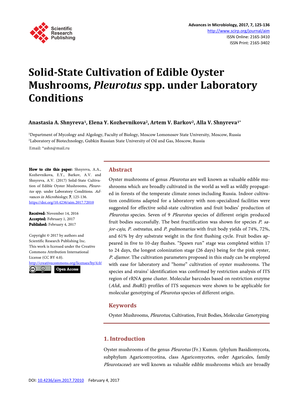 Solid-State Cultivation of Edible Oyster Mushrooms, Pleurotus Spp