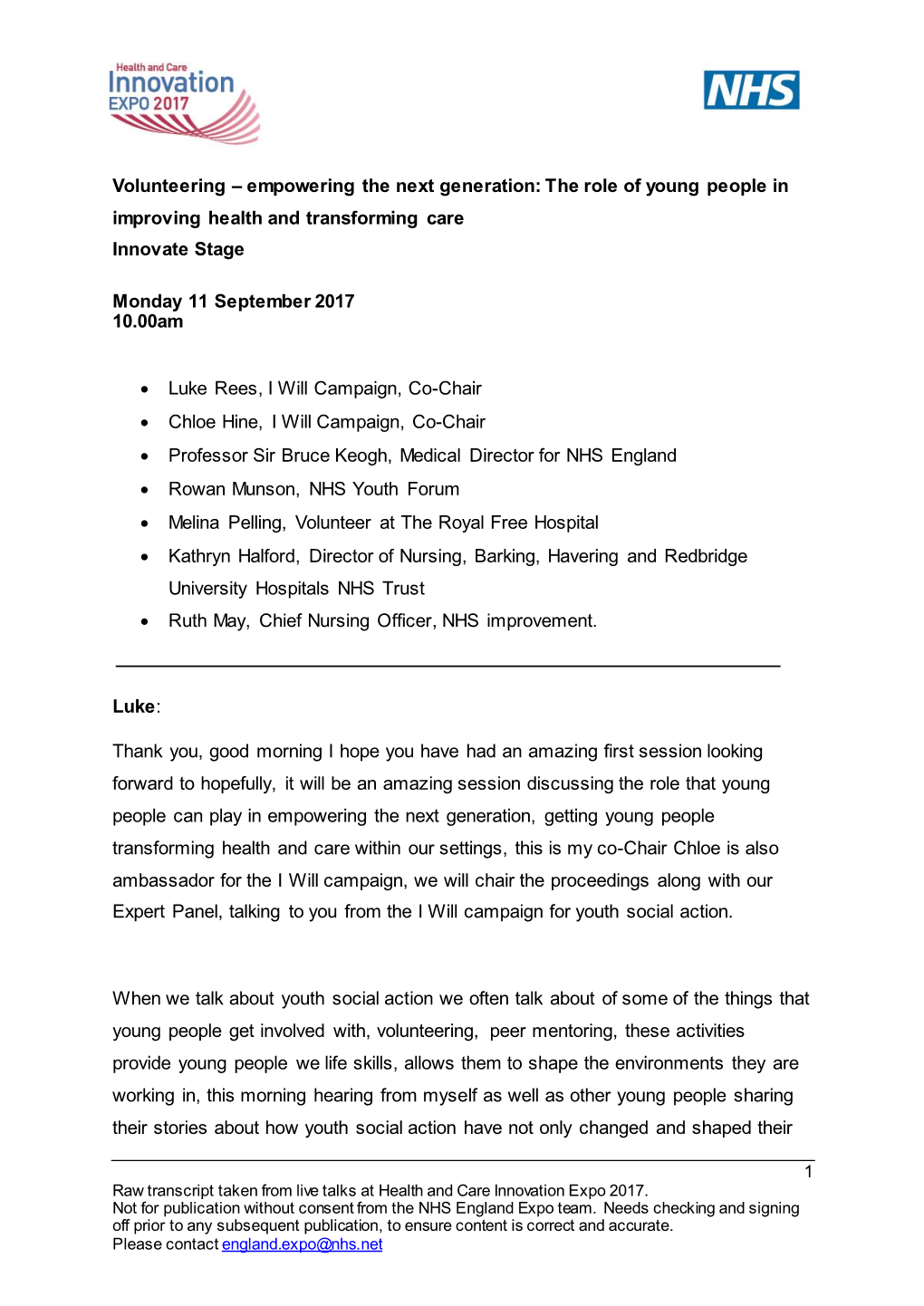 Volunteering – Empowering the Next Generation: the Role of Young People in Improving Health and Transforming Care Innovate Stage