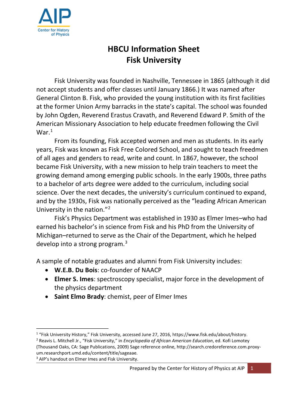 HBCU Information Sheet Fisk University