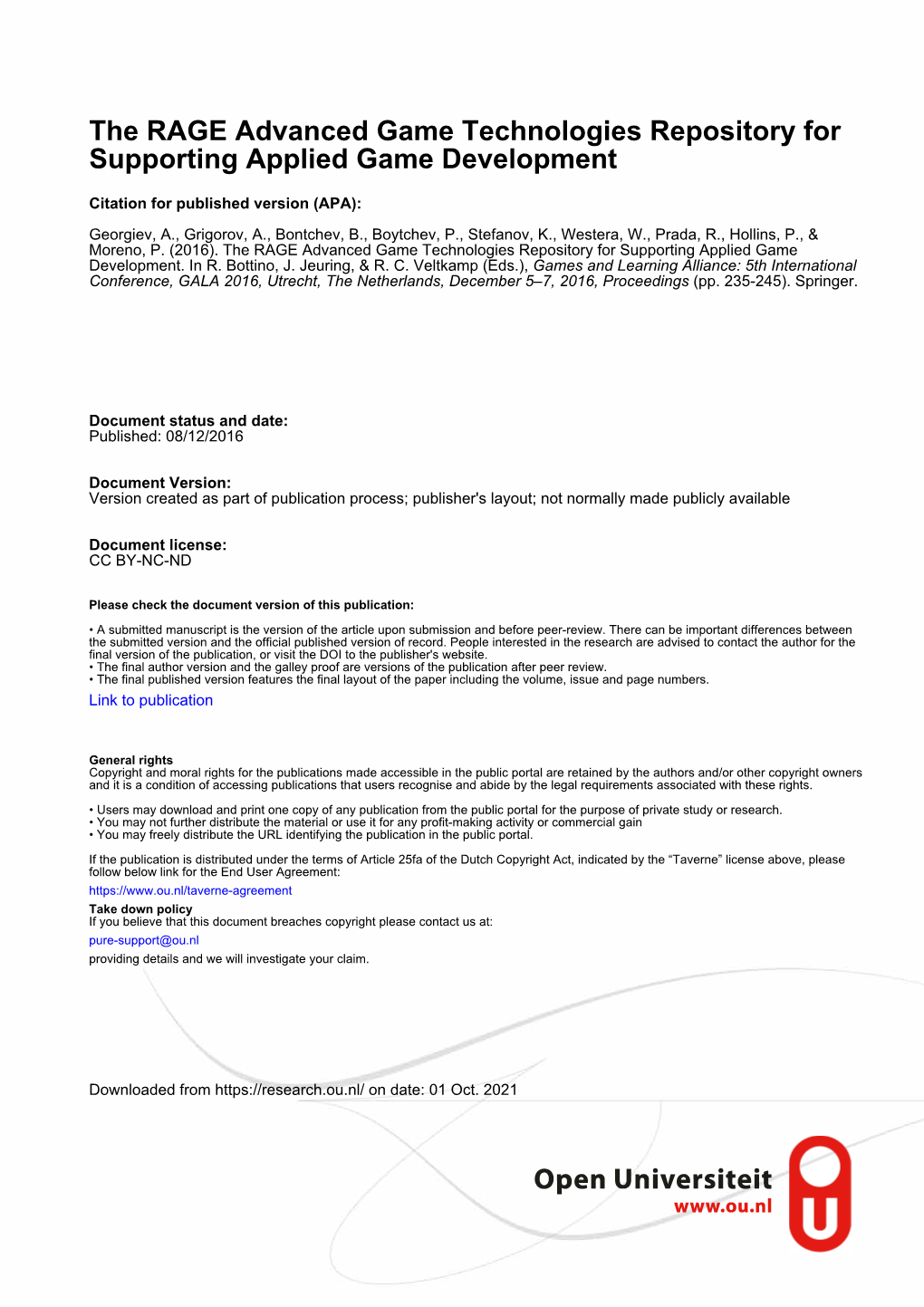 Open Universiteit the RAGE Software Asset Model and Metadata Model