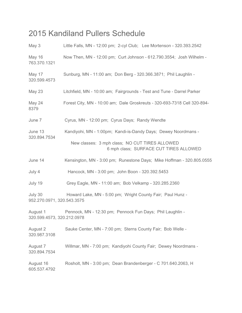 2015 Kandiland Pullers Schedule