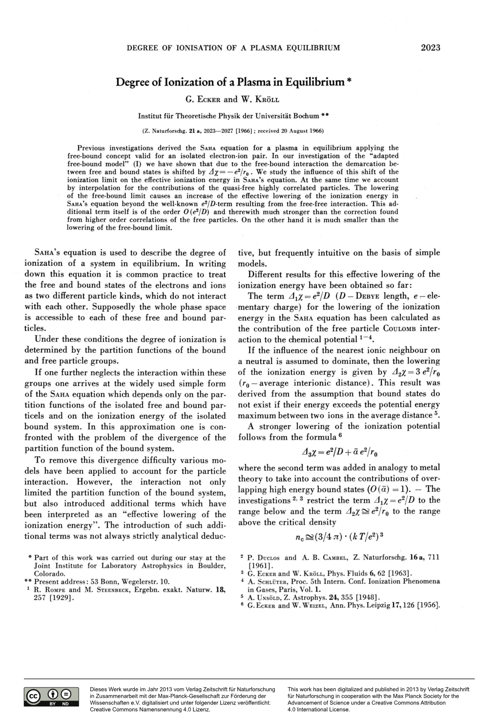 Degree of Ionization of a Plasma in Equilibrium *