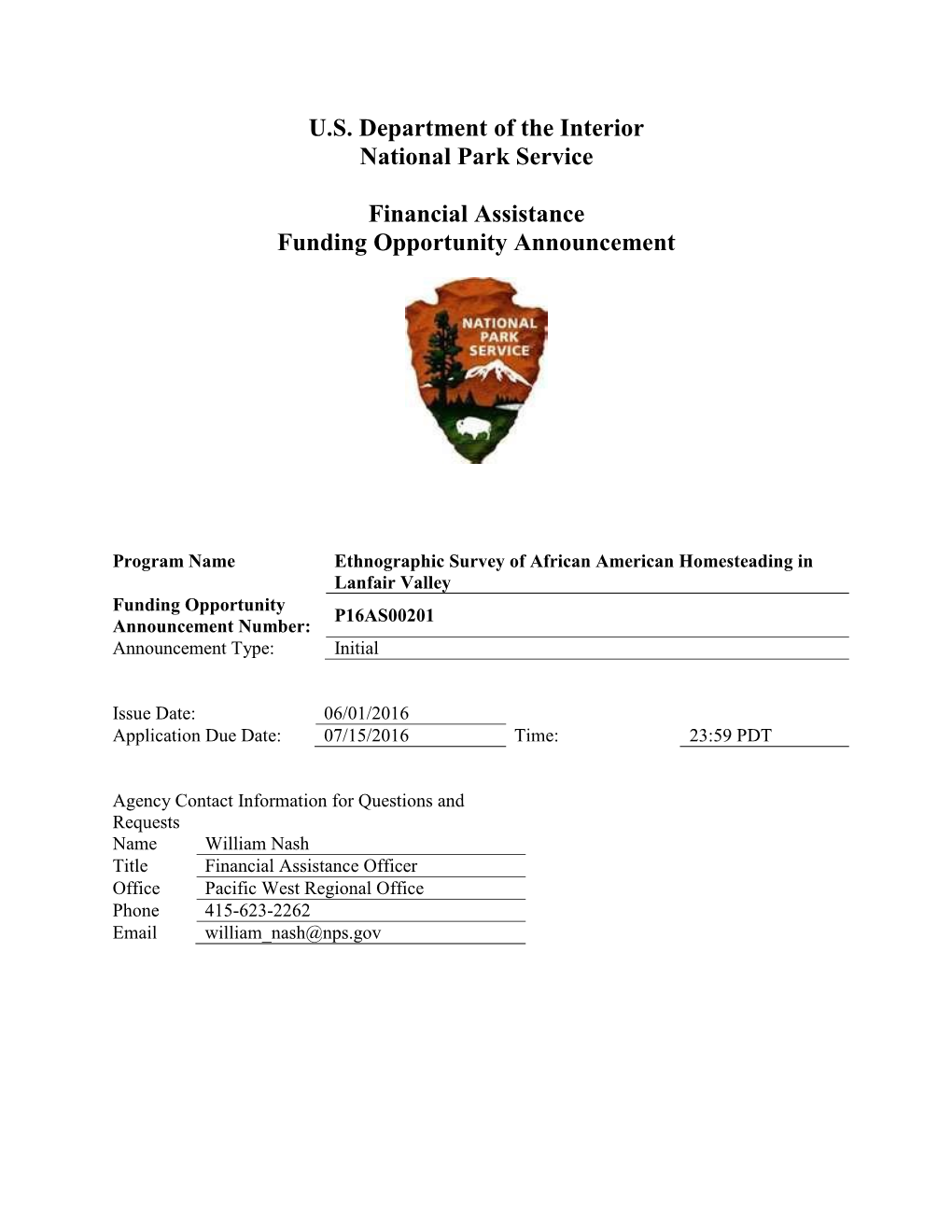 U.S. Department of the Interior National Park Service Financial