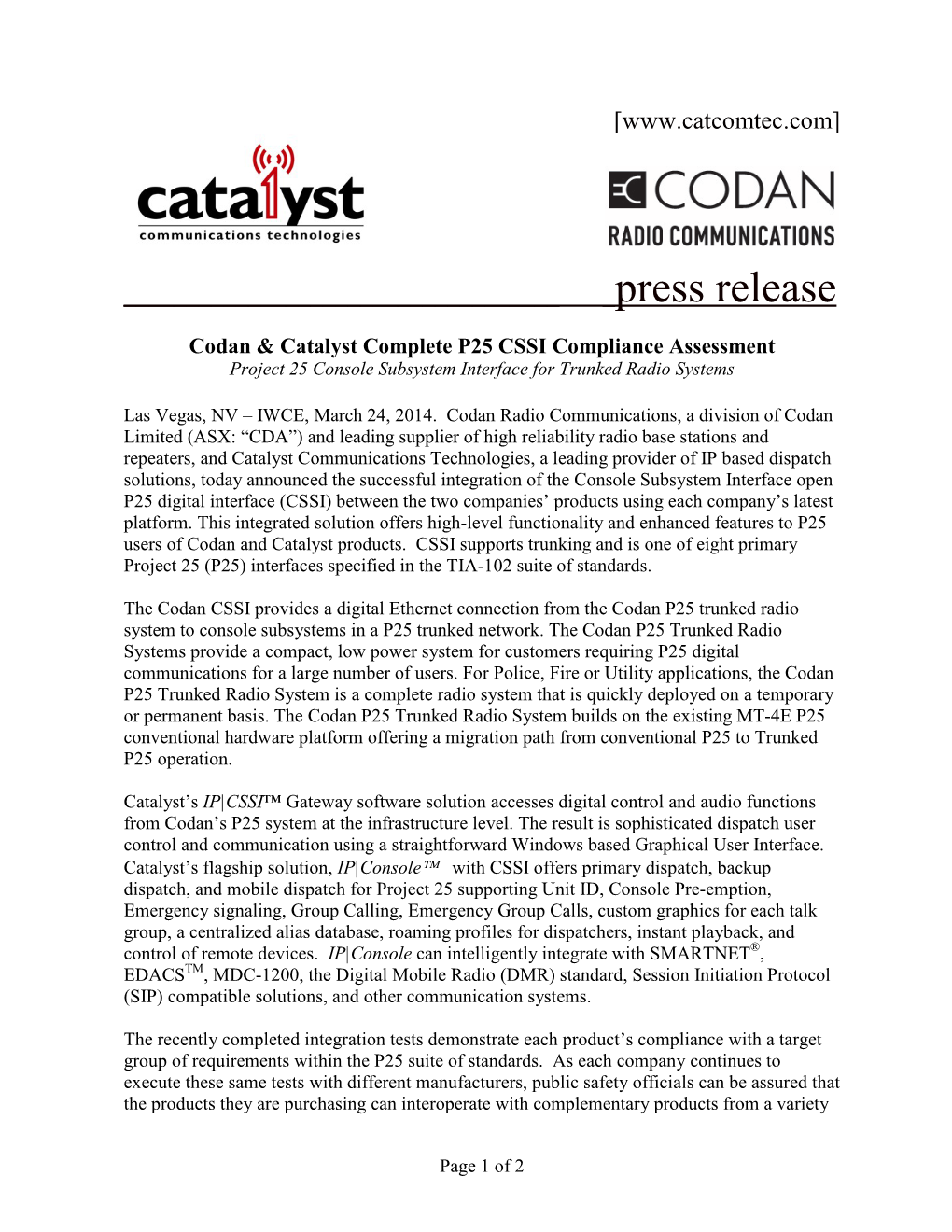 Codan & Catalyst Complete P25 CSSI Compliance Assessment