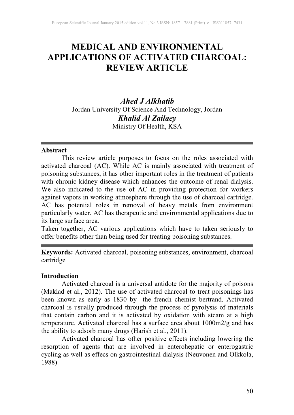 Medical and Environmental Applications of Activated Charcoal: Review Article