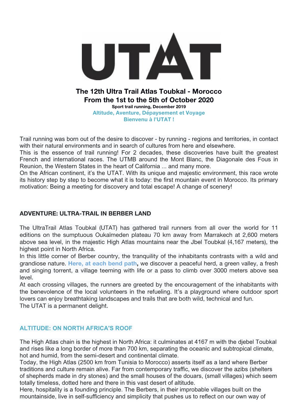 Morocco from the 1St to the 5Th of October 2020 Sport Trail Running, December 2019 Altitude, Aventure, Dépaysement Et Voyage Bienvenu À L’UTAT !