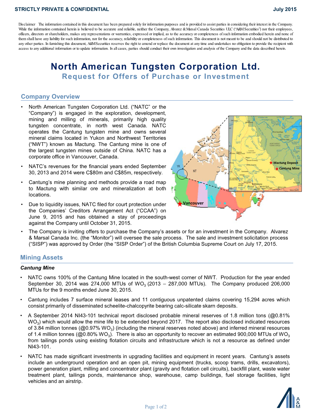 North American Tungsten Corporation Ltd. Request for Offers of Purchase Or Investment