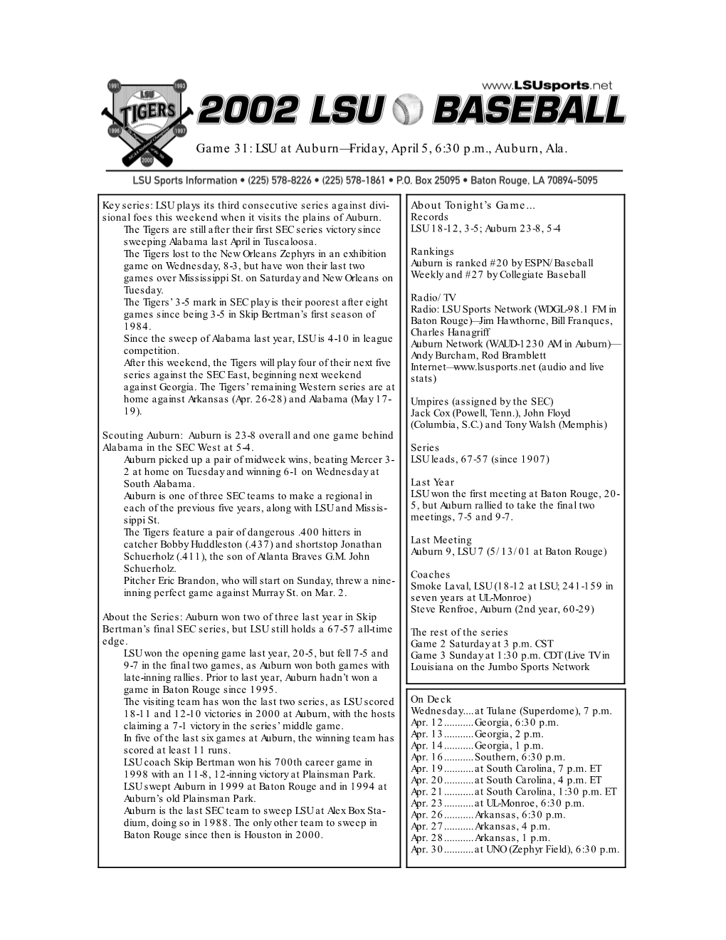 2002 LSU Baseball Individual Game-By-Game for LSU (Through Apr