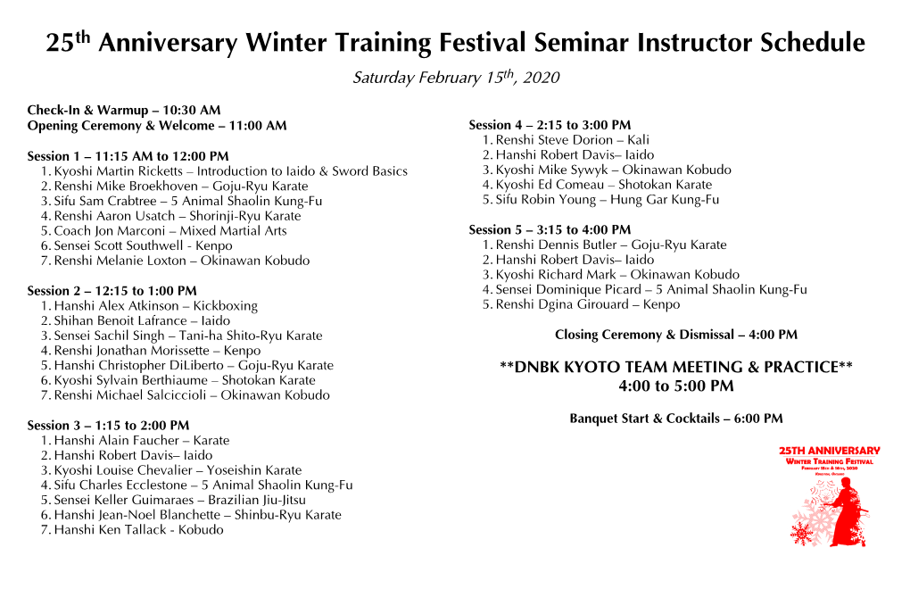 25Th Anniversary Winter Training Festival Seminar Instructor Schedule