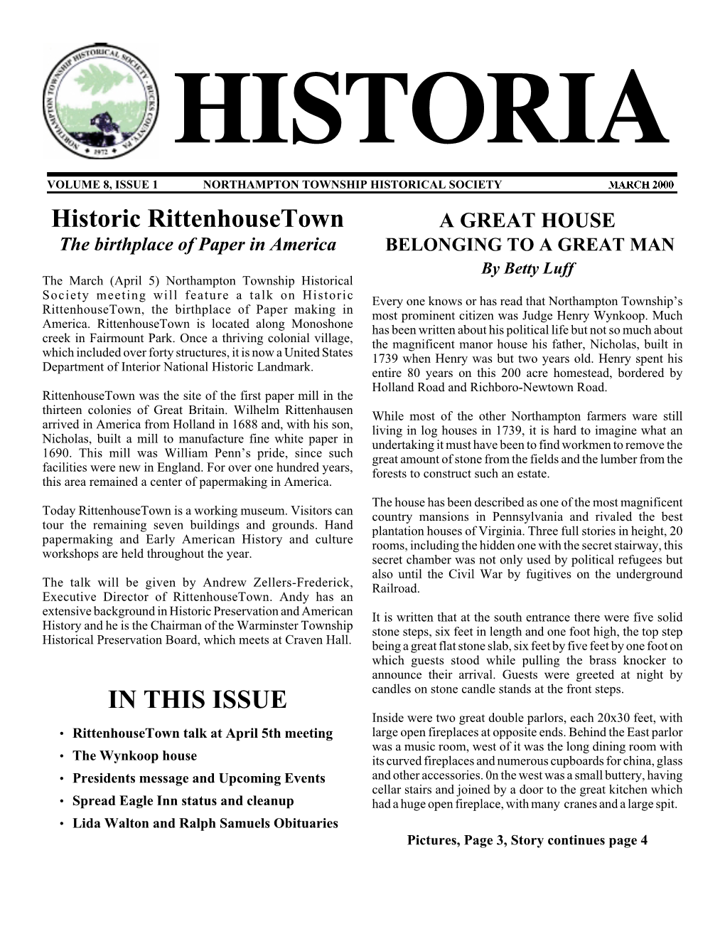 Historic Rittenhousetown in THIS ISSUE