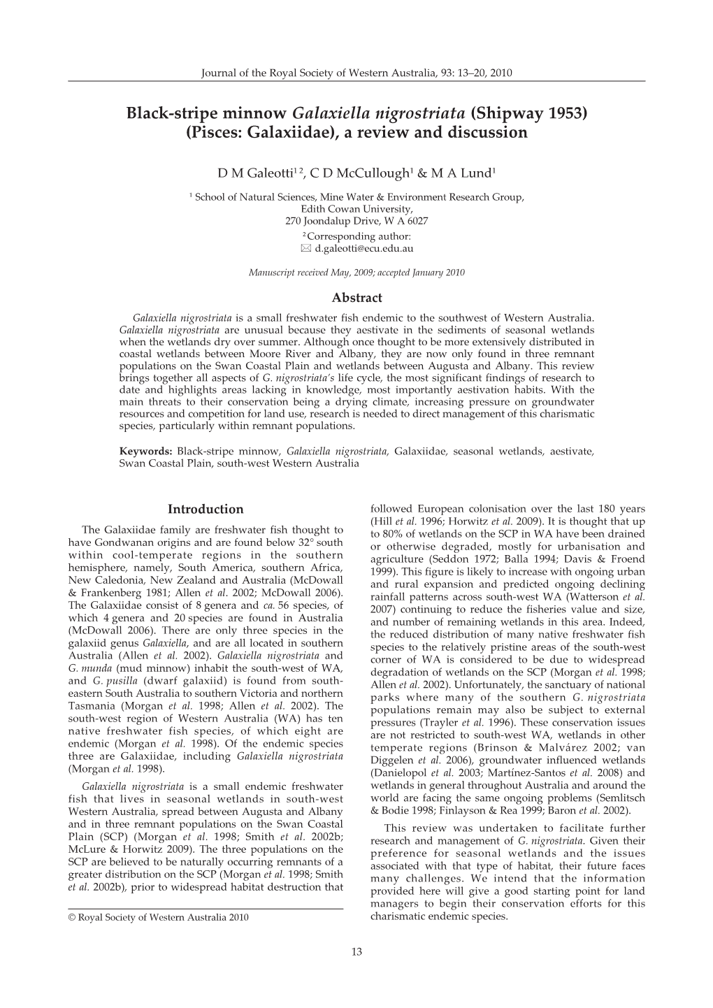 Black-Stripe Minnow Galaxiella Nigrostriata (Shipway 1953) (Pisces: Galaxiidae), a Review and Discussion