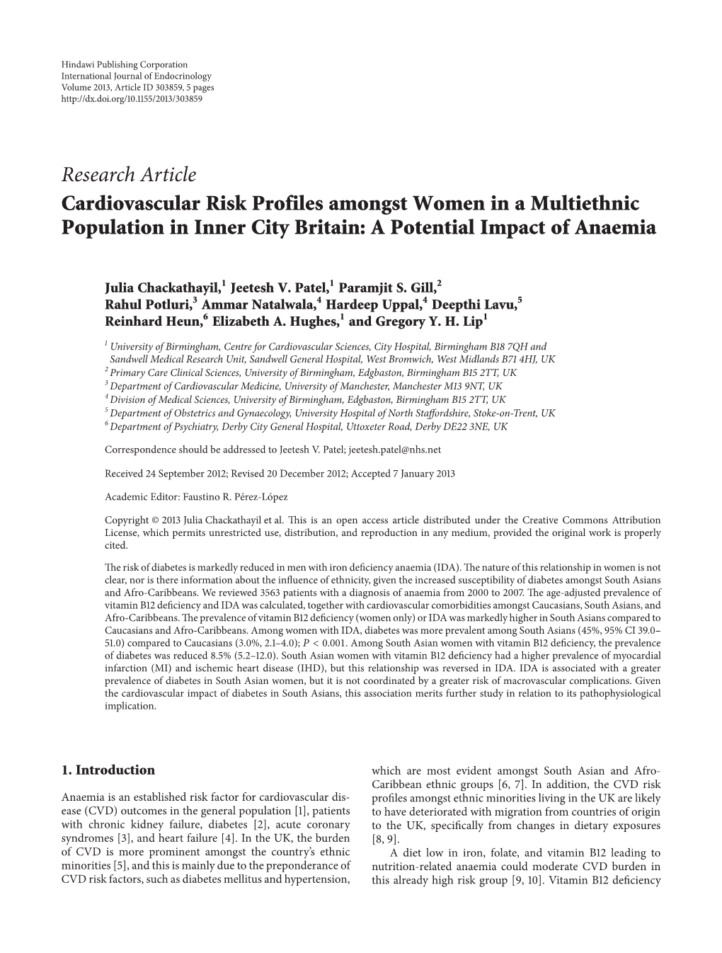 Research Article Cardiovascular Risk Profiles Amongst Women in a Multiethnic Population in Inner City Britain: a Potential Impact of Anaemia