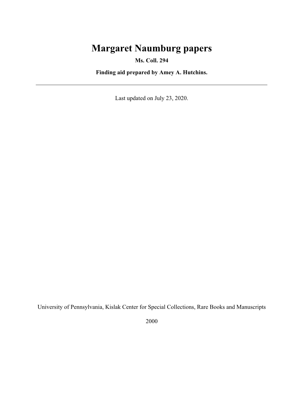 Margaret Naumburg Papers Ms