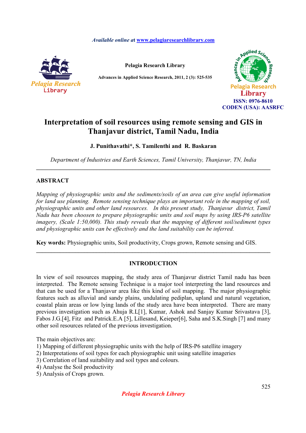 Interpretation of Soil Resources Using Remote Sensing and GIS in Thanjavur District, Tamil Nadu, India