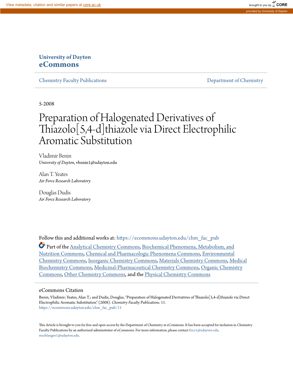 Thiazole Via Direct Electrophilic Aromatic Substitution Vladimir Benin University of Dayton, Vbenin1@Udayton.Edu