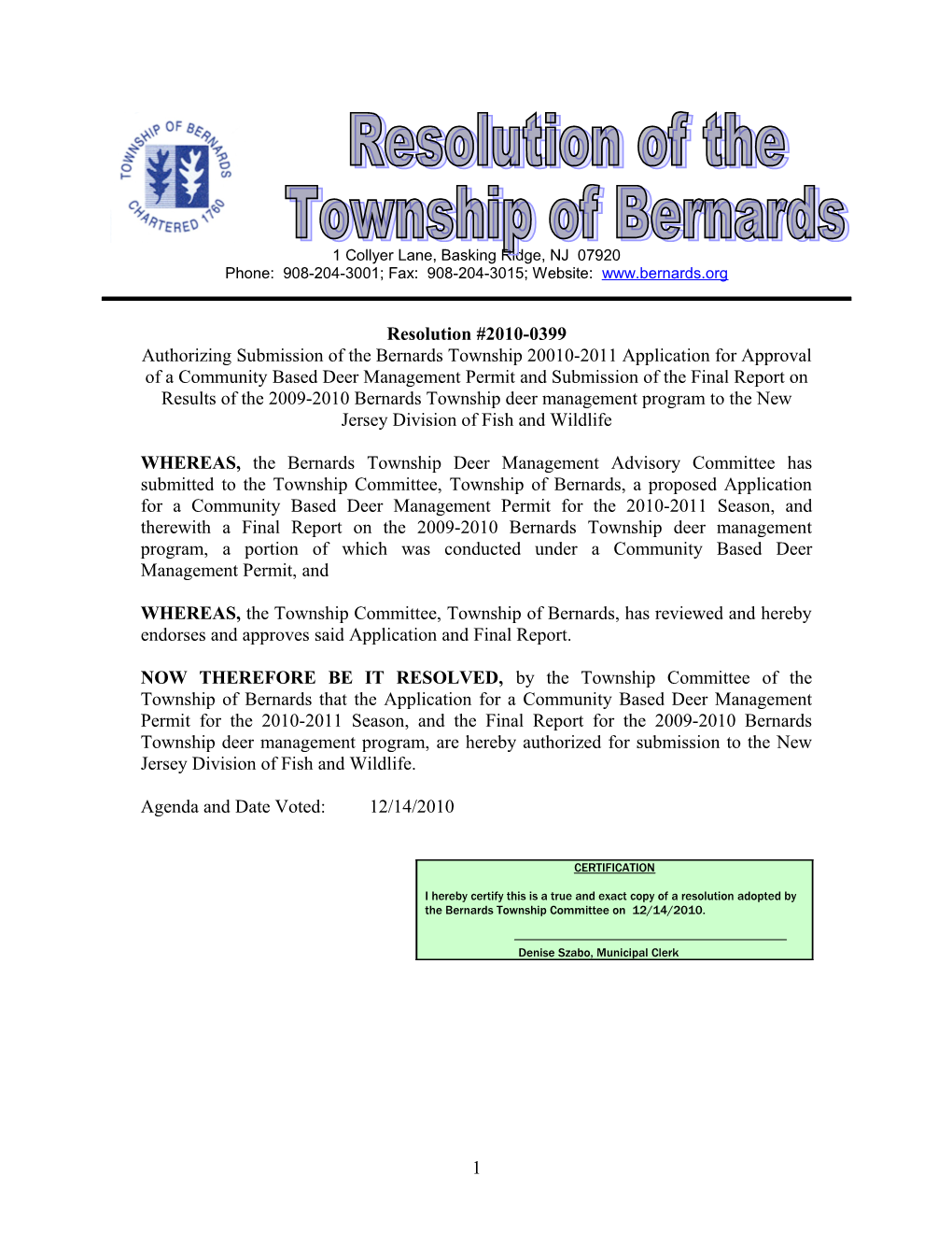 Authorizing Submission of the Bernards Township 20010-2011 Application for Approval Of