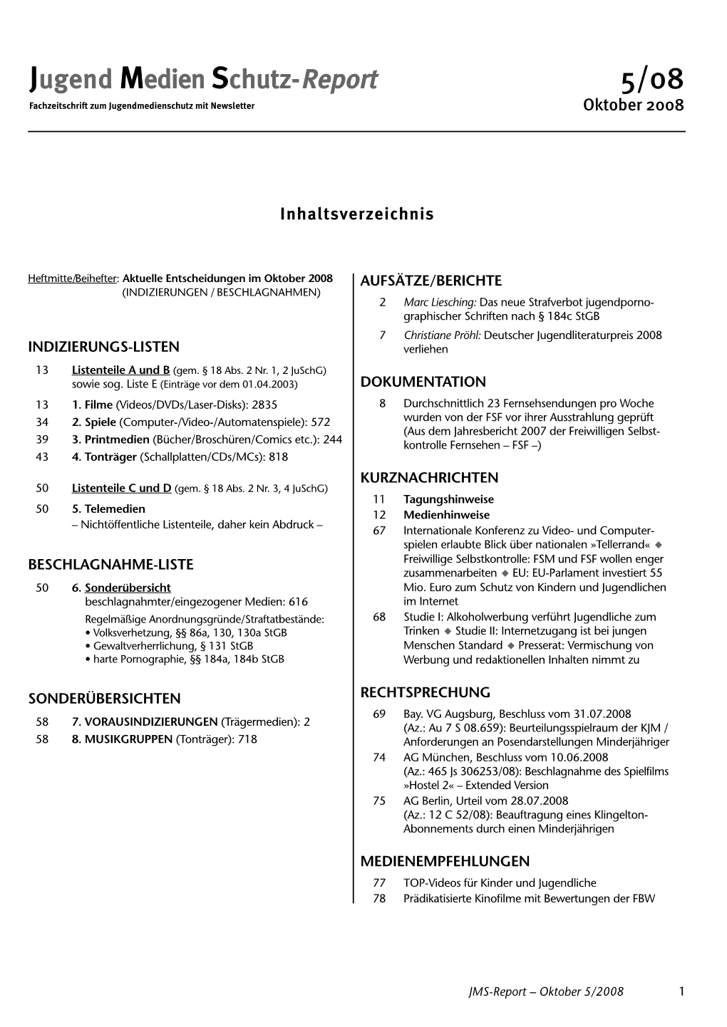 Jugend Medien Schutz-Report 5/08 Fachzeitschrift Zum Jugendmedienschutz Mit Newsletter Oktober 2008