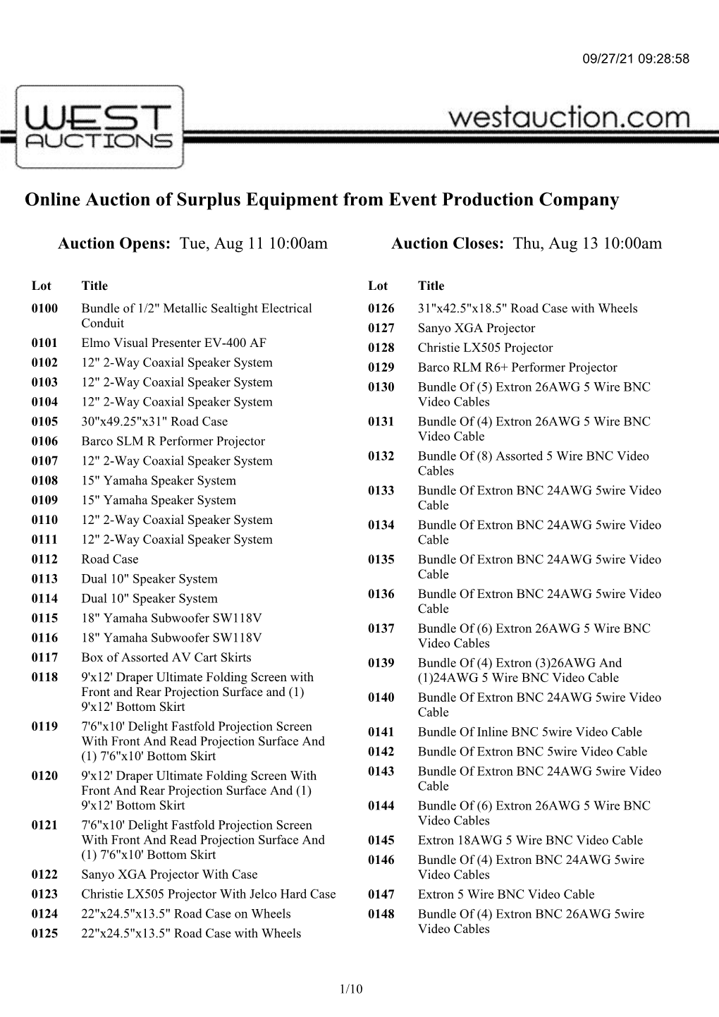 Online Auction of Surplus Equipment from Event Production Company