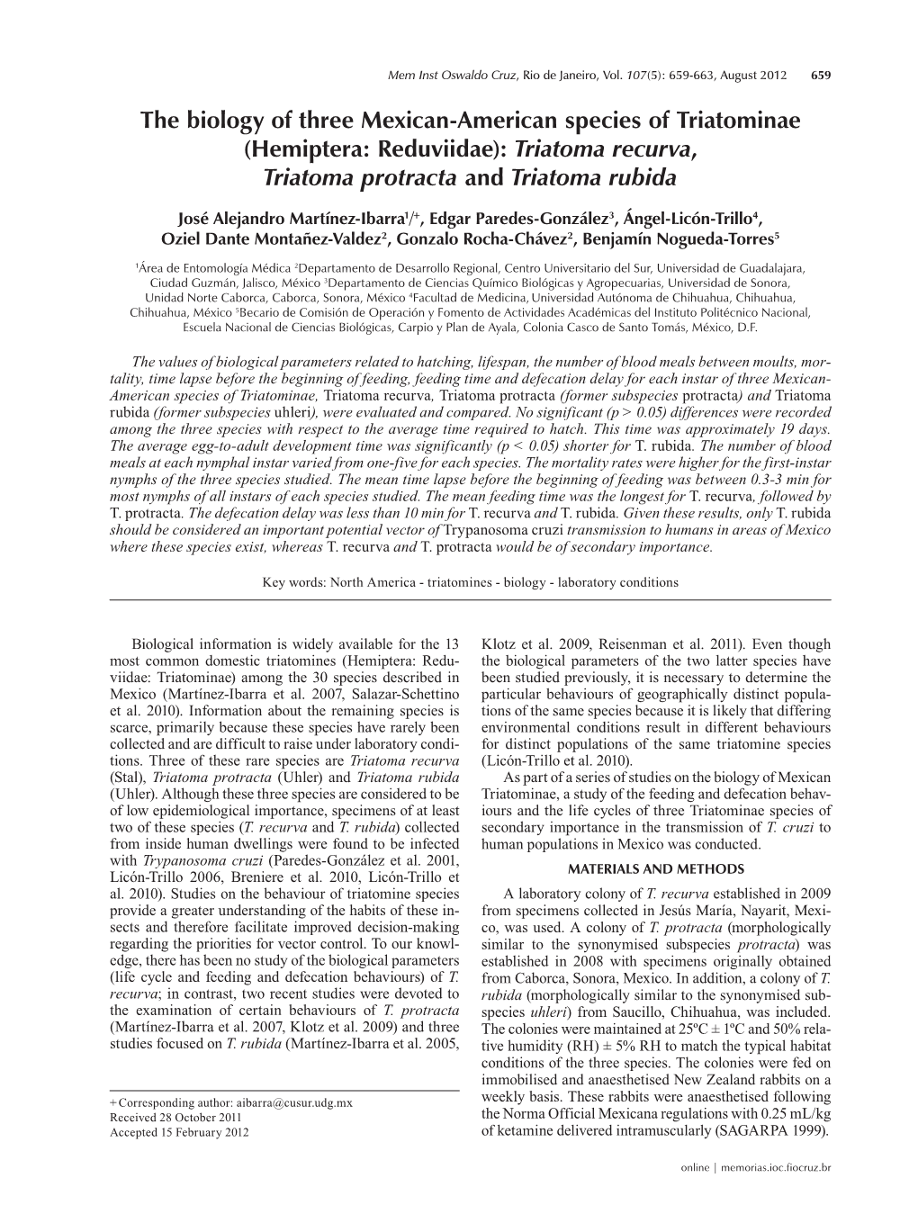 (Hemiptera: Reduviidae): Triatoma Recurva, Triatoma Protracta and Triatoma Rubida