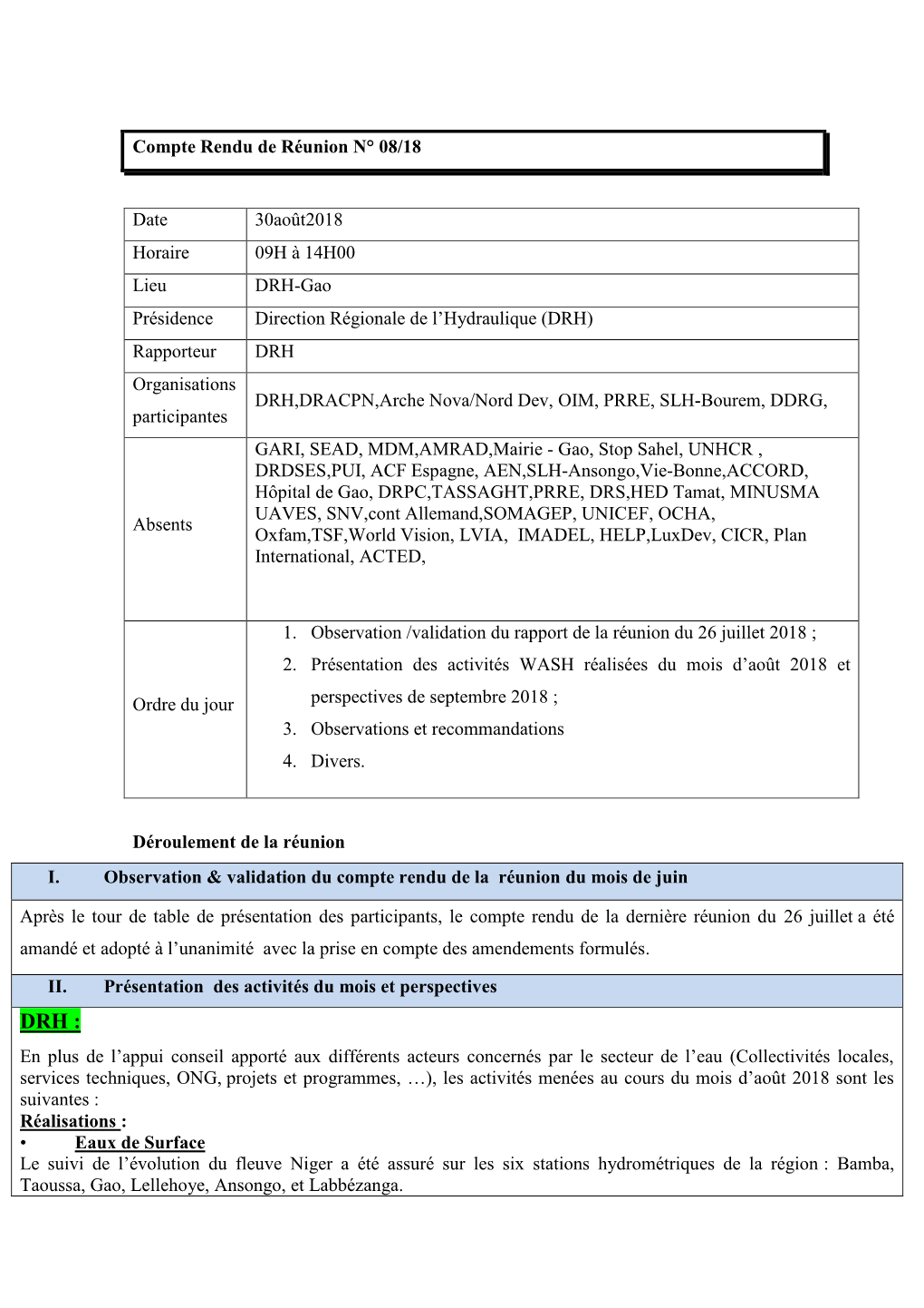 Compte Rendu De Réunion N° 08/18