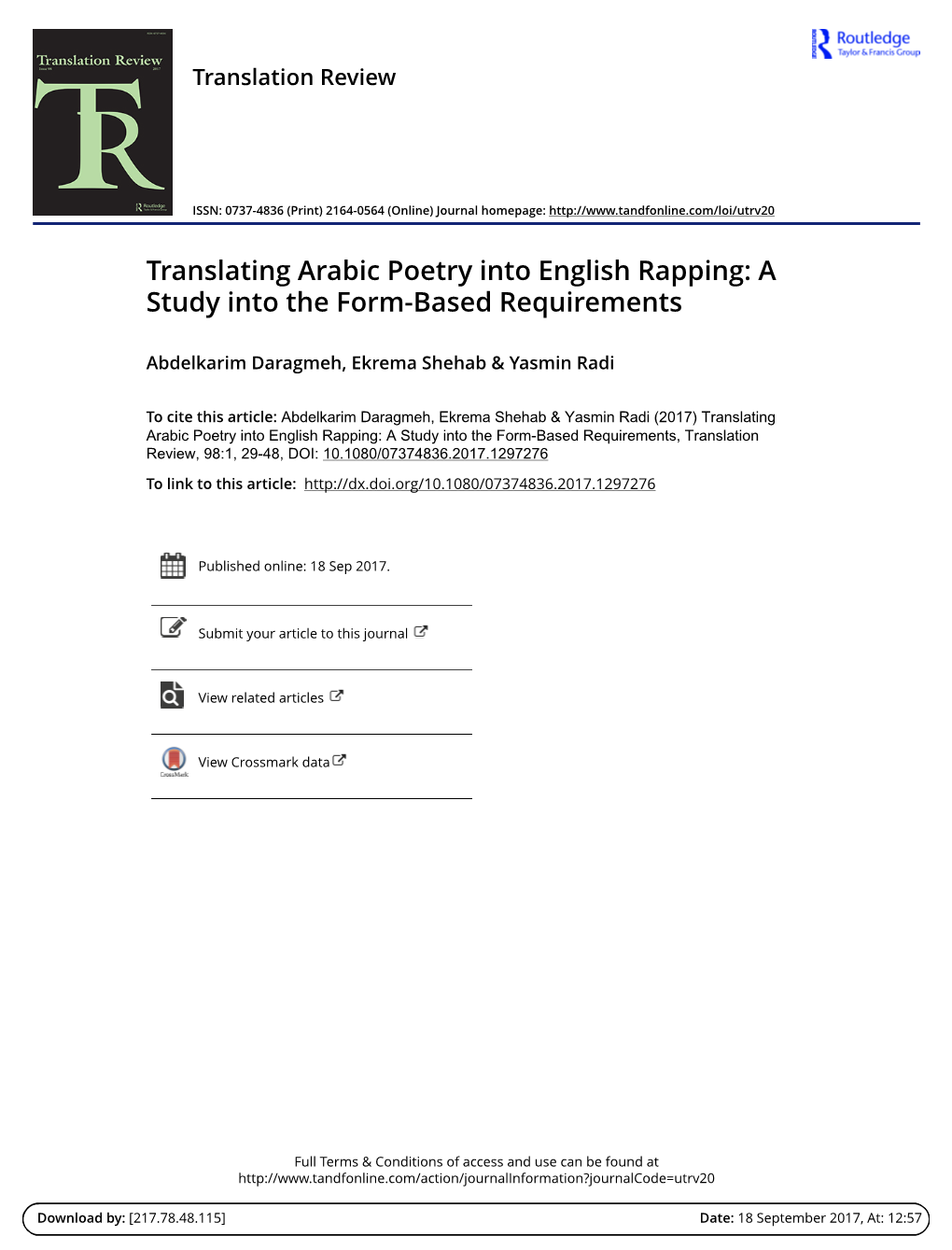 Translating Arabic Poetry Into English Rapping: a Study Into the Form-Based Requirements