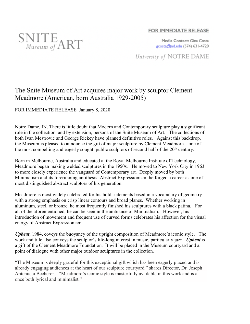 The Snite Museum of Art Acquires Major Work by Sculptor Clement Meadmore (American, Born Australia 1929-2005)