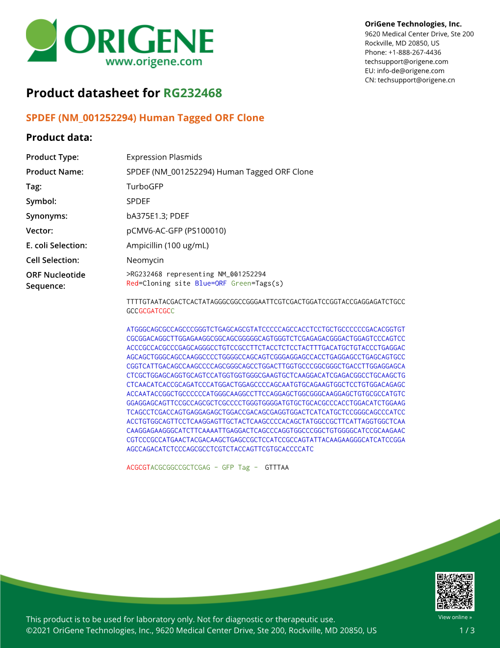 SPDEF (NM 001252294) Human Tagged ORF Clone Product Data