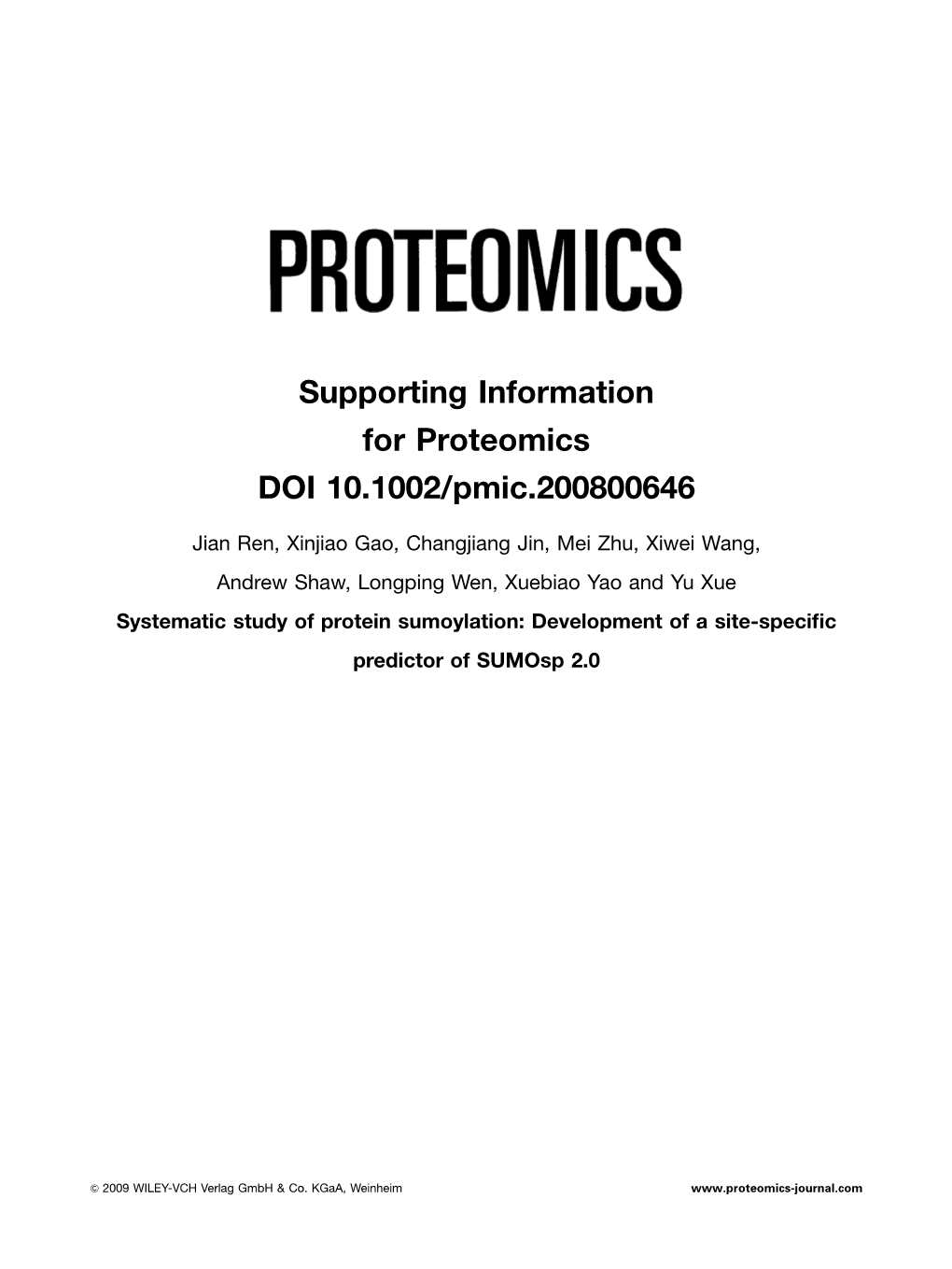 Supporting Information for Proteomics DOI 10.1002/Pmic.200800646