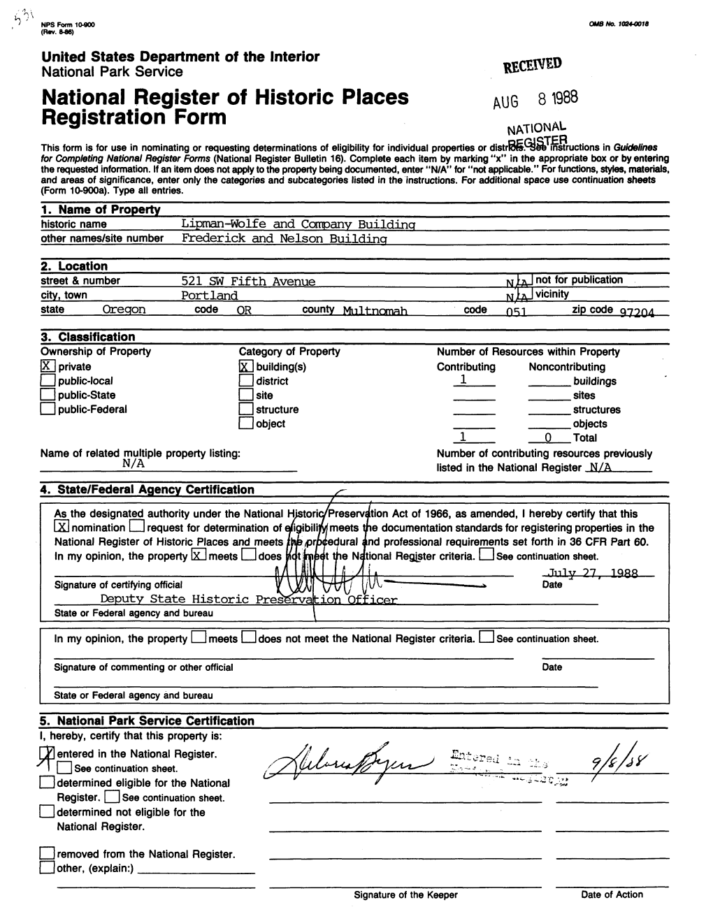 National Register of Historic Places AUG 81988 Registration Form NATIONA