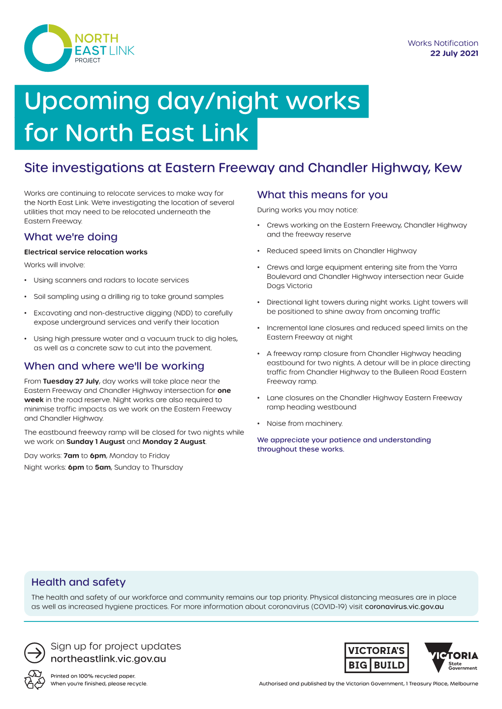 Upcoming Day/Night Works for North East Link