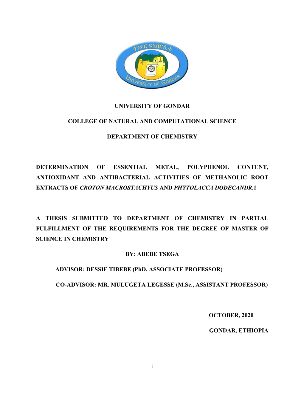 University of Gondar College of Natural And