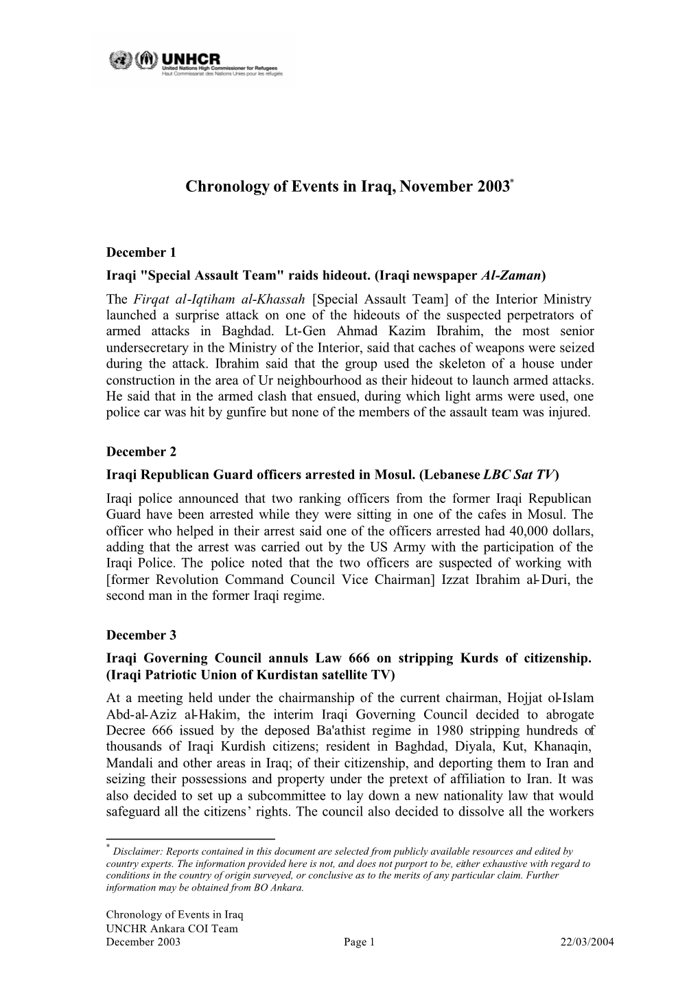 Chronology of Events in Iraq, November 2003*