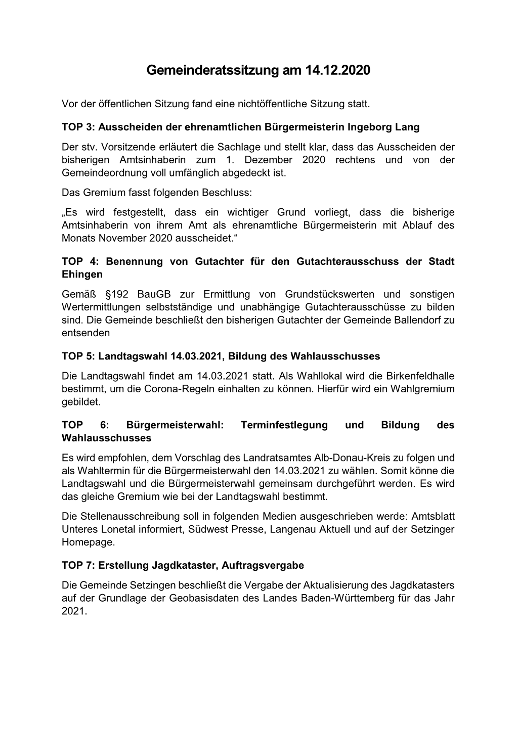 Gemeinderatssitzung Am 14.12.2020