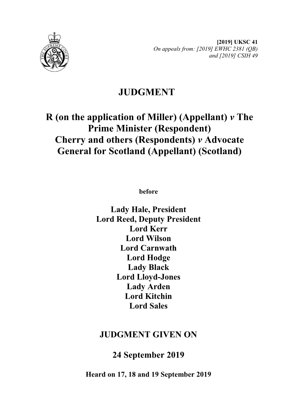 R (On the Application of Miller) (Appellant) V the Prime Minister (Respondent) and Cherry and Others (Respondents) V Advocate Ge