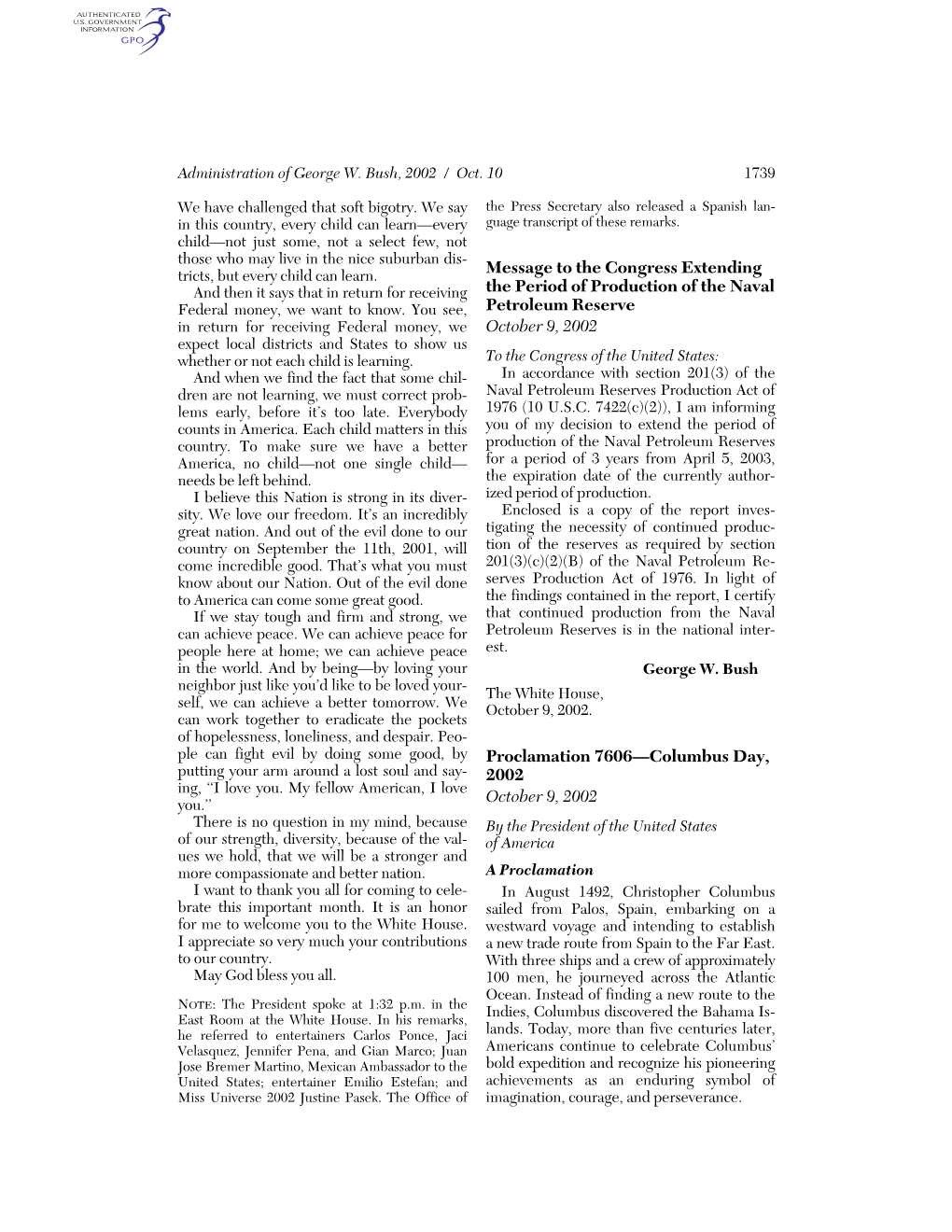 Message to the Congress Extending the Period of Production of the Naval Petroleum Reserve October 9, 2002 Proclamation 7606—Co