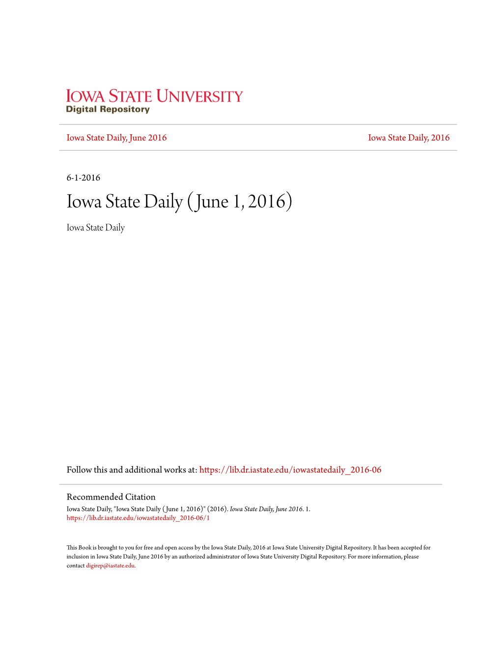 Iowa State Daily (June 1, 2016) Iowa State Daily